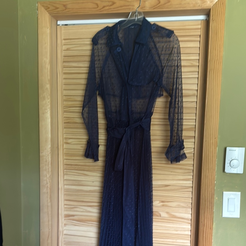 Anthropologie Navy Sheer Long-Sleeve Maxi Dress with Tie Waist